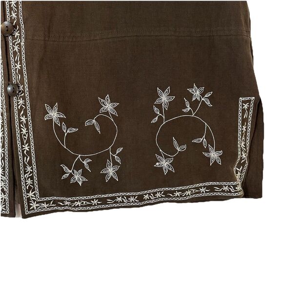 dressbarn Women Button Up Shirt Size 20W Brown Silk Linen Floral Embroidery Boho - Picture 6 of 13